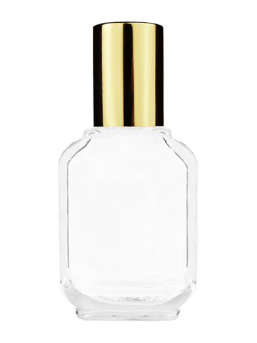 Footed rectangular design 15ml, 1/2oz Clear glass bottle with metal roller ball plug and shiny gold cap.