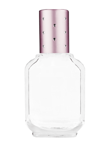 Footed rectangular design 15ml, 1/2oz Clear glass bottle with metal roller ball plug and pink cap with dots.