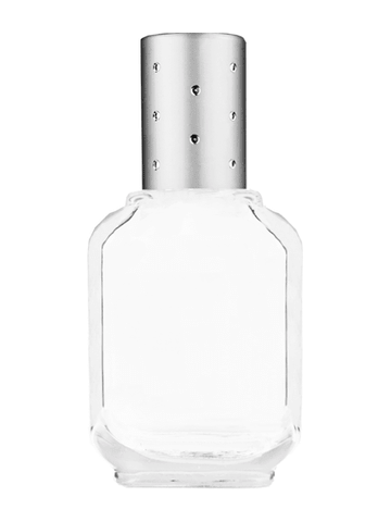Footed rectangular design 15ml, 1/2oz Clear glass bottle with metal roller ball plug and silver cap with dots.