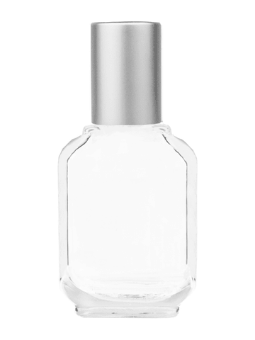 Footed rectangular design 15ml, 1/2oz Clear glass bottle with metal roller ball plug and matte silver cap.