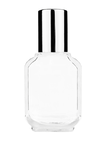 Footed rectangular design 15ml, 1/2oz Clear glass bottle with plastic roller ball plug and shiny silver cap.