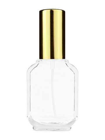 Footed rectangular design 15ml, 1/2oz Clear glass bottle with shiny gold spray.