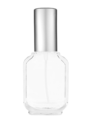 Footed rectangular design 15ml, 1/2oz Clear glass bottle with matte silver spray.