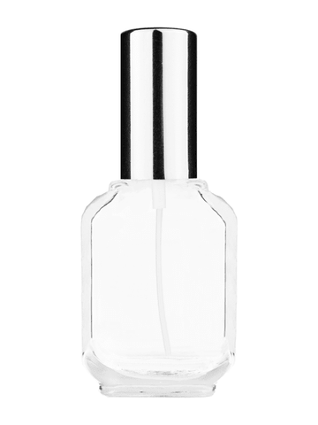 Footed rectangular design 15ml, 1/2oz Clear glass bottle with shiny silver spray.