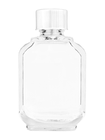 Footed rectangular design 15ml, 1/2oz Clear glass bottle with short white cap.