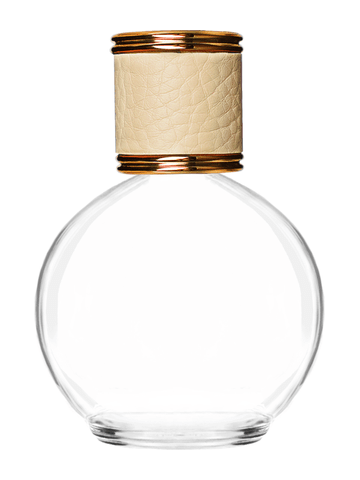 Round design 78 ml, 2.65oz  clear glass bottle  with reducer and ivory faux leather cap.