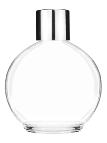 Round design 78 ml, 2.65oz  clear glass bottle  with reducer and shiny silver cap.
