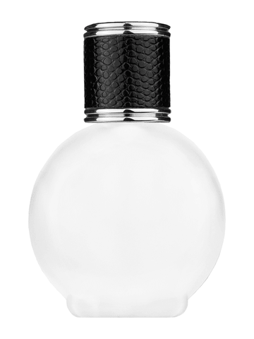 Round design 78 ml, 2.65oz frosted glass bottle with reducer and black faux leather cap.