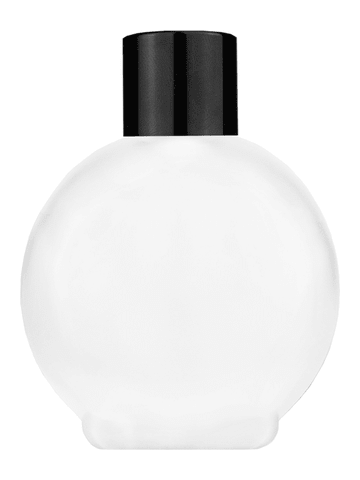 Round design 78 ml, 2.65oz frosted glass bottle with reducer and black shiny cap.