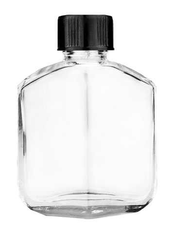 Royal design 13ml, 1/2oz Clear glass bottle with short black cap.