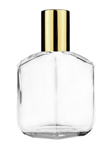 Royal design 13ml, 1/2oz Clear glass bottle with shiny gold cap.