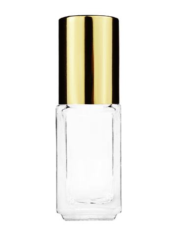 Sleek design 5ml, 1/6oz Clear glass bottle with shiny gold cap.