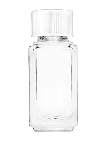 Sleek design 5ml, 1/6oz Clear glass bottle with short white cap.