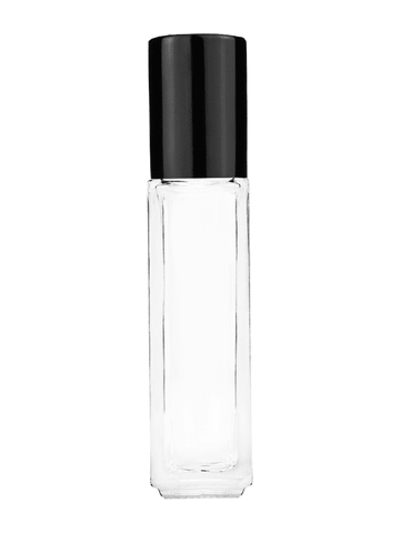 Sleek design 8ml, 1/3oz Clear glass bottle with metal roller ball plug and black shiny cap.