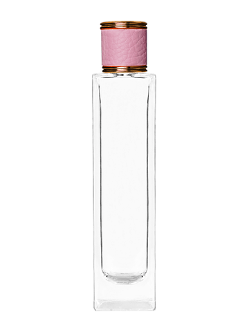 Sleek design 100 ml, 3 1/2oz  clear glass bottle  with reducer and pink faux leather cap.