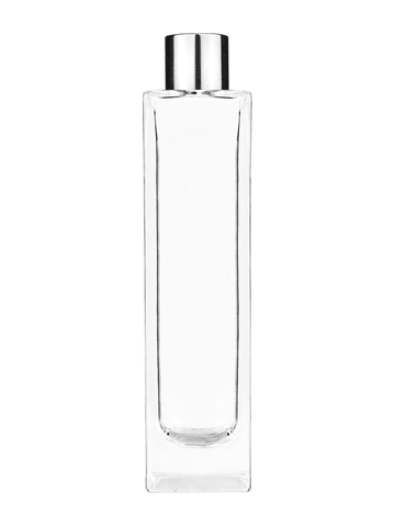 Sleek design 100 ml, 3 1/2oz  clear glass bottle  with reducer and shiny silver cap.