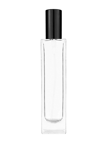 Sleek design 100 ml, 3 1/2oz  clear glass bottle  with shiny black spray pump.