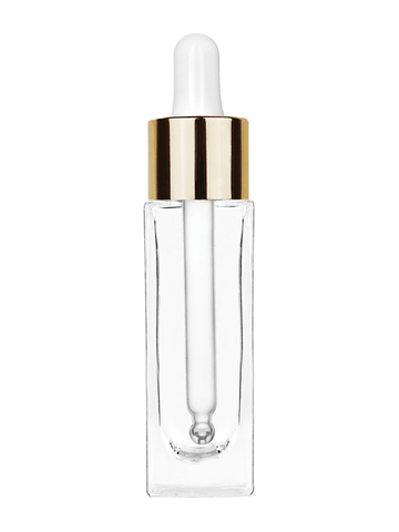 Sleek design 30 ml, 1oz  clear glass bottle  with white dropper with shiny gold collar cap.