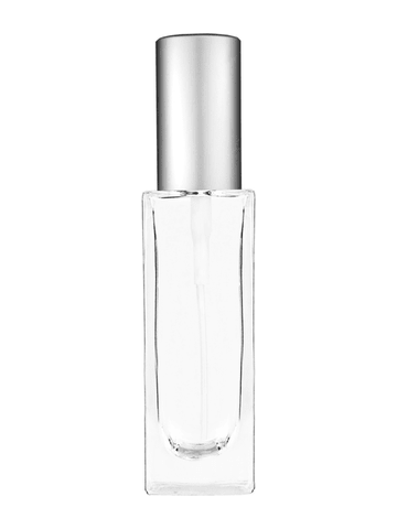 Sleek design 30 ml, 1oz  clear glass bottle  with matte silver spray pump.
