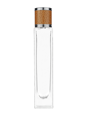Sleek design 50 ml, 1.7oz  clear glass bottle  with reducer and brown faux leather cap.