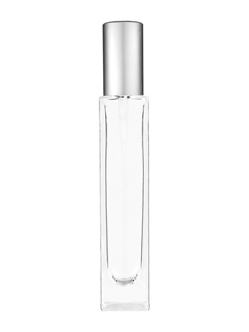 Sleek design 50 ml, 1.7oz  clear glass bottle  with matte silver spray pump.