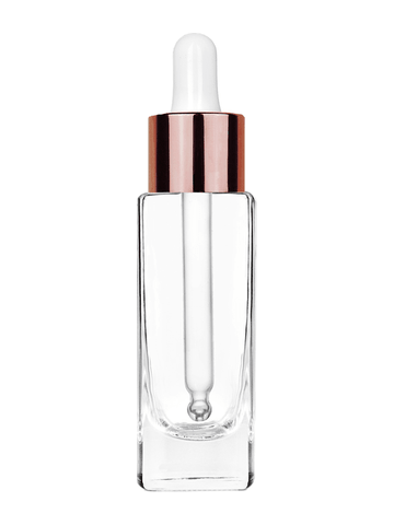 Slim design 30 ml, 1oz  clear glass bottle  with white dropper with shiny copper collar cap.
