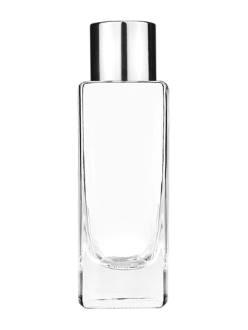 Slim design 30 ml, 1oz  clear glass bottle  with reducer and shiny silver cap.