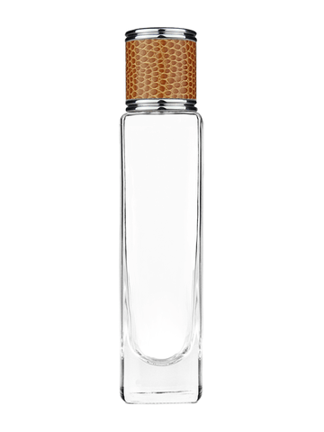 Slim design 50 ml, 1.7oz  clear glass bottle  with reducer and brown faux leather cap.