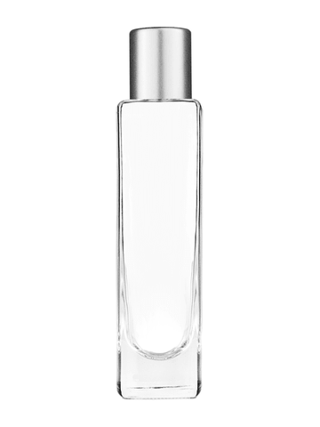 Slim design 50 ml, 1.7oz  clear glass bottle  with reducer and tall silver matte cap.