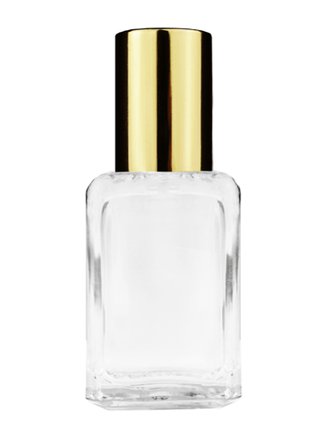 Square design 15ml, 1/2oz Clear glass bottle with shiny gold cap.