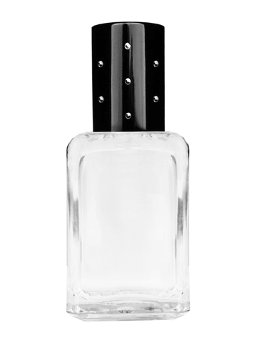 Square design 15ml, 1/2oz Clear glass bottle with plastic roller ball plug and black shiny cap with dots.