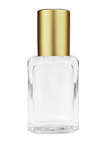Square design 15ml, 1/2oz Clear glass bottle with plastic roller ball plug and matte gold cap.