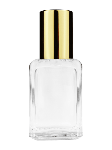 Square design 15ml, 1/2oz Clear glass bottle with plastic roller ball plug and shiny gold cap.