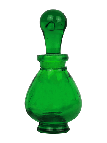 Green glass teardrop shaped bottle with glass stopper. Capacity : 9ml (1/3oz)