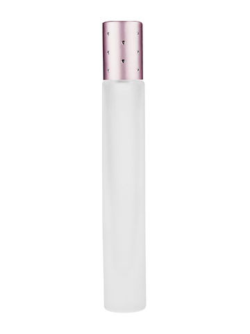 Tall cylinder design 9ml, 1/3oz frosted glass bottle with plastic roller ball plug and pink cap with dots.