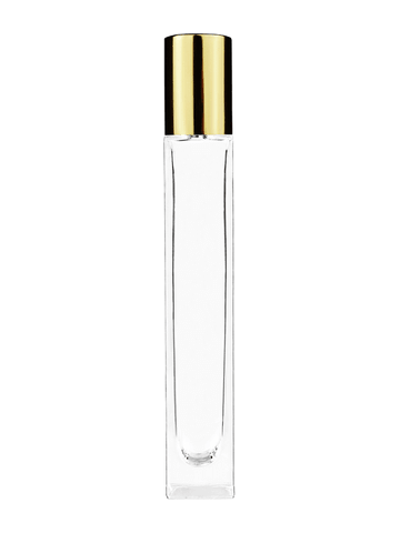 Tall rectangular design 10ml, 1/3oz Clear glass bottle with shiny gold cap.