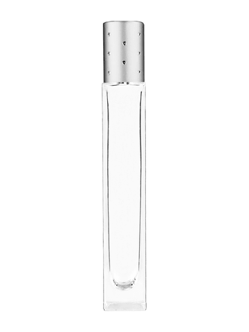 Tall rectangular design 10ml, 1/3oz Clear glass bottle with metal roller ball plug and silver cap with dots.