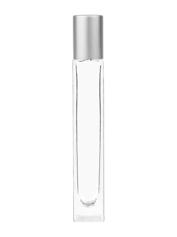 Tall rectangular design 10ml, 1/3oz Clear glass bottle with metal roller ball plug and matte silver cap.