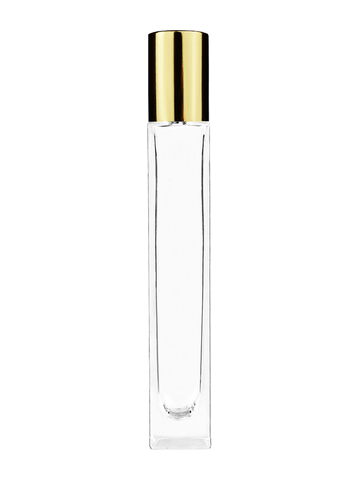 Tall rectangular design 10ml, 1/3oz Clear glass bottle with plastic roller ball plug and shiny gold cap.
