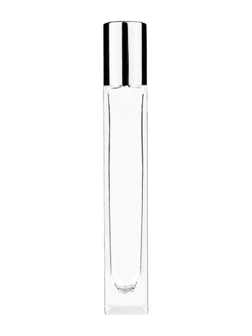 Tall rectangular design 10ml, 1/3oz Clear glass bottle with plastic roller ball plug and shiny silver cap.
