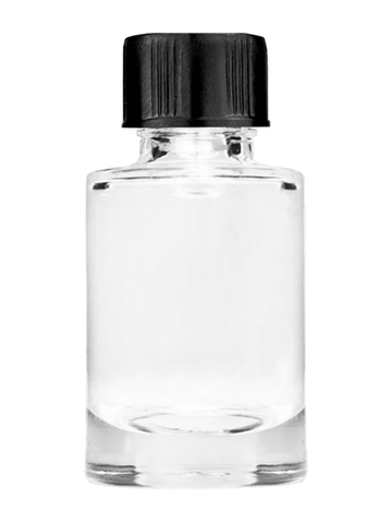 Tulip design 6ml, 1/5oz Clear glass bottle with short black cap.