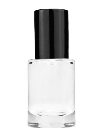Tulip design 6ml, 1/5oz Clear glass bottle with metal roller ball plug and black shiny cap.