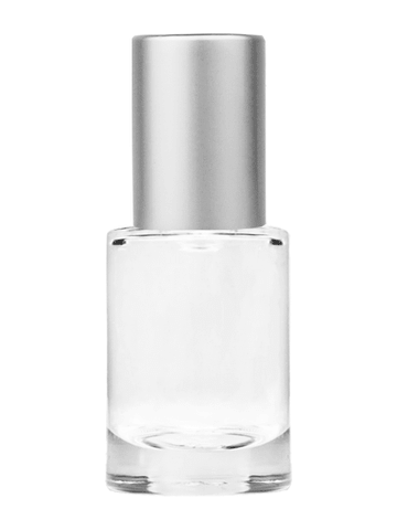 Tulip design 6ml, 1/5oz Clear glass bottle with metal roller ball plug and matte silver cap.