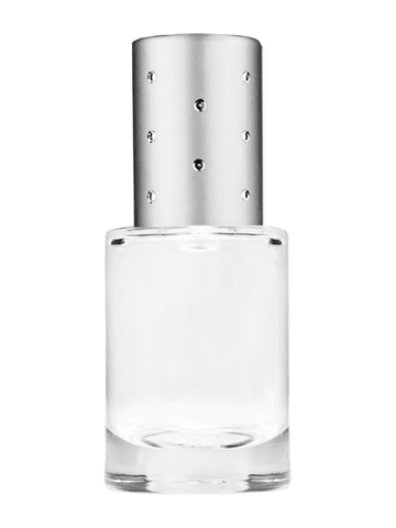 Tulip design 6ml, 1/5oz Clear glass bottle with plastic roller ball plug and silver cap with dots.