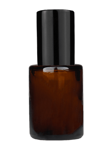 Tulip design 5ml, 1/6 oz Amber glass bottle with metal roller ball plug and black shiny cap.