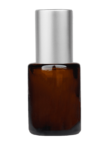Tulip design 5ml, 1/6 oz Amber glass bottle with plastic roller ball plug and matte silver cap.