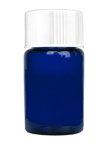 Vial design 5/8 dram Blue glass vial with white short cap.