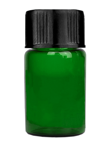 Vial design 5/8 dram Green glass vial with black short cap.