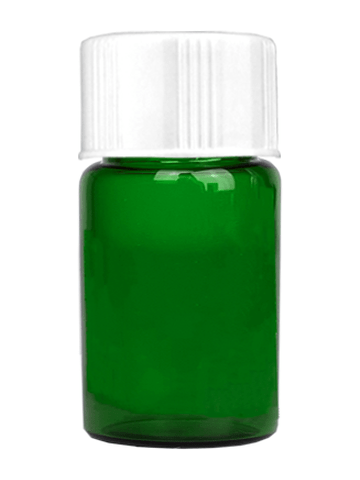 Vial design 5/8 dram Green glass vial with white short cap.