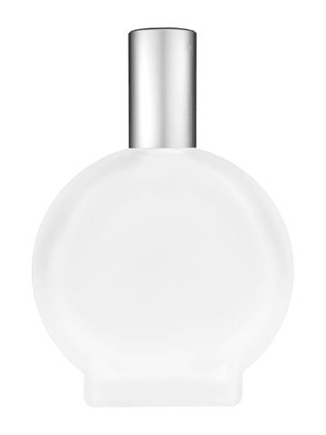 Circle design 100 ml, 3 1/2oz frosted glass bottle with matte silver lotion pump.